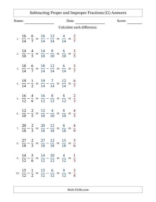 The Subtracting Proper and Improper Fractions with Similar Denominators, Proper Fractions Results and All Simplifying (Fillable) (G) Math Worksheet Page 2