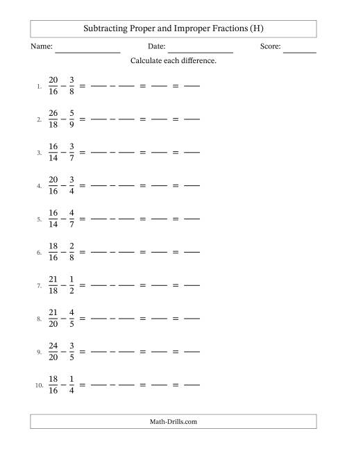 The Subtracting Proper and Improper Fractions with Similar Denominators, Proper Fractions Results and All Simplifying (Fillable) (H) Math Worksheet