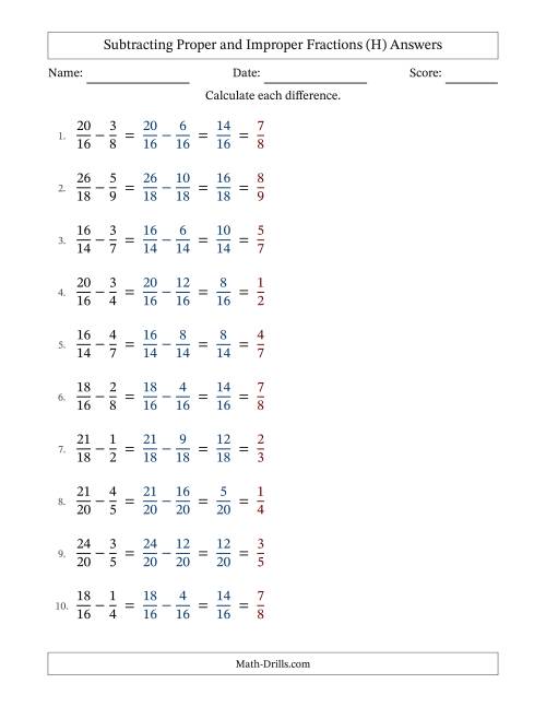 The Subtracting Proper and Improper Fractions with Similar Denominators, Proper Fractions Results and All Simplifying (Fillable) (H) Math Worksheet Page 2