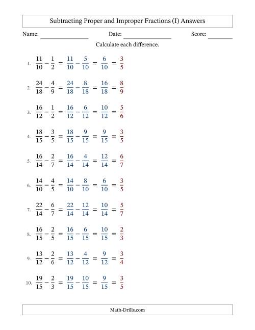 The Subtracting Proper and Improper Fractions with Similar Denominators, Proper Fractions Results and All Simplifying (Fillable) (I) Math Worksheet Page 2