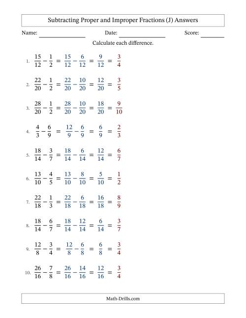 The Subtracting Proper and Improper Fractions with Similar Denominators, Proper Fractions Results and All Simplifying (Fillable) (J) Math Worksheet Page 2