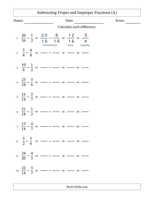 The Subtracting Proper and Improper Fractions with Similar Denominators, Proper Fractions Results and All Simplifying (Fillable) (All) Math Worksheet