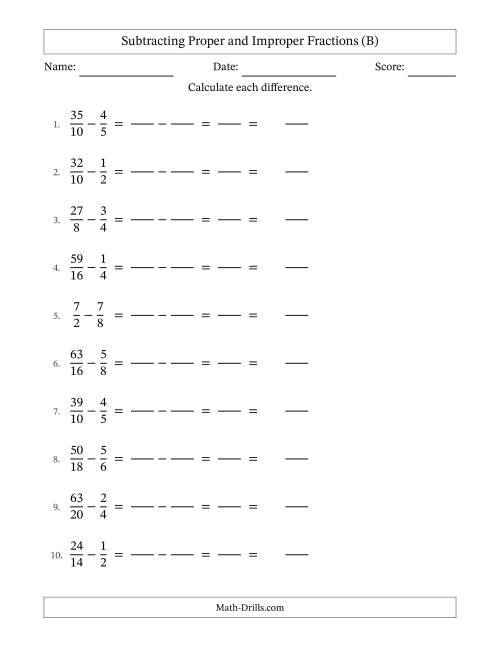 The Subtracting Proper and Improper Fractions with Similar Denominators, Mixed Fractions Results and No Simplifying (Fillable) (B) Math Worksheet