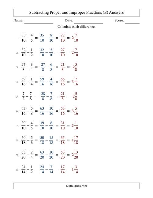 The Subtracting Proper and Improper Fractions with Similar Denominators, Mixed Fractions Results and No Simplifying (Fillable) (B) Math Worksheet Page 2