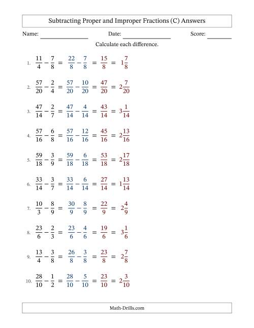 The Subtracting Proper and Improper Fractions with Similar Denominators, Mixed Fractions Results and No Simplifying (Fillable) (C) Math Worksheet Page 2