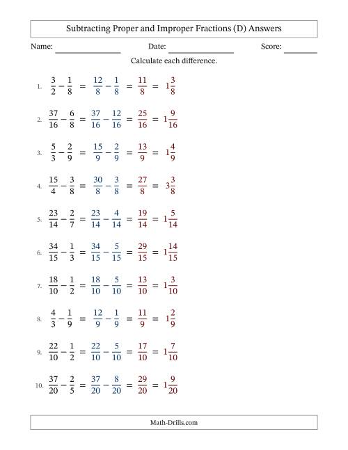 The Subtracting Proper and Improper Fractions with Similar Denominators, Mixed Fractions Results and No Simplifying (Fillable) (D) Math Worksheet Page 2