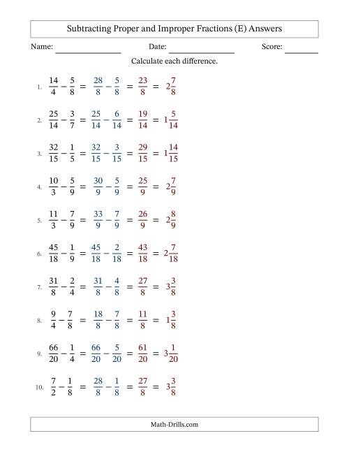 The Subtracting Proper and Improper Fractions with Similar Denominators, Mixed Fractions Results and No Simplifying (Fillable) (E) Math Worksheet Page 2