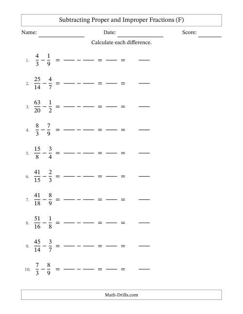 The Subtracting Proper and Improper Fractions with Similar Denominators, Mixed Fractions Results and No Simplifying (Fillable) (F) Math Worksheet