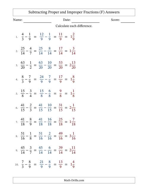 The Subtracting Proper and Improper Fractions with Similar Denominators, Mixed Fractions Results and No Simplifying (Fillable) (F) Math Worksheet Page 2