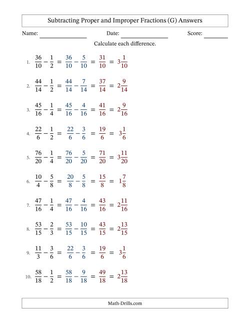 The Subtracting Proper and Improper Fractions with Similar Denominators, Mixed Fractions Results and No Simplifying (Fillable) (G) Math Worksheet Page 2