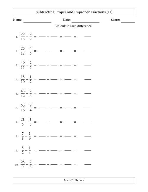 The Subtracting Proper and Improper Fractions with Similar Denominators, Mixed Fractions Results and No Simplifying (Fillable) (H) Math Worksheet