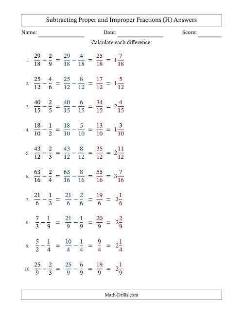 The Subtracting Proper and Improper Fractions with Similar Denominators, Mixed Fractions Results and No Simplifying (Fillable) (H) Math Worksheet Page 2