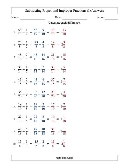 The Subtracting Proper and Improper Fractions with Similar Denominators, Mixed Fractions Results and No Simplifying (Fillable) (I) Math Worksheet Page 2