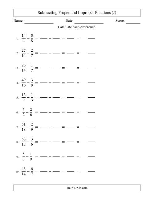 The Subtracting Proper and Improper Fractions with Similar Denominators, Mixed Fractions Results and No Simplifying (Fillable) (J) Math Worksheet