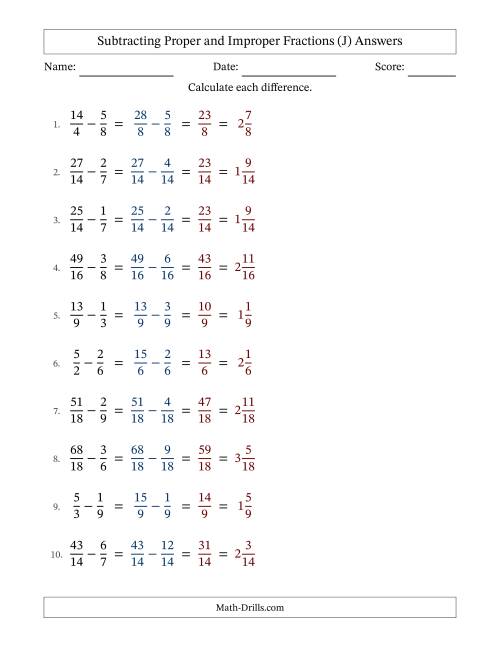 The Subtracting Proper and Improper Fractions with Similar Denominators, Mixed Fractions Results and No Simplifying (Fillable) (J) Math Worksheet Page 2