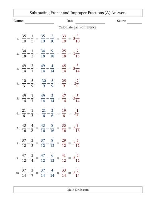 The Subtracting Proper and Improper Fractions with Similar Denominators, Mixed Fractions Results and No Simplifying (Fillable) (All) Math Worksheet Page 2