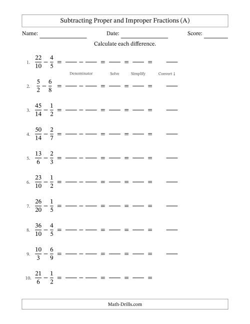 The Subtracting Proper and Improper Fractions with Similar Denominators, Mixed Fractions Results and All Simplifying (Fillable) (A) Math Worksheet