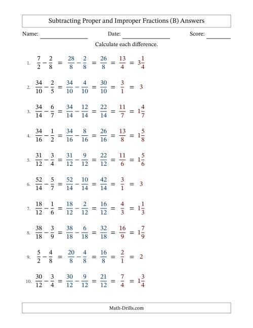 The Subtracting Proper and Improper Fractions with Similar Denominators, Mixed Fractions Results and All Simplifying (Fillable) (B) Math Worksheet Page 2