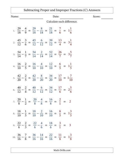 The Subtracting Proper and Improper Fractions with Similar Denominators, Mixed Fractions Results and All Simplifying (Fillable) (C) Math Worksheet Page 2