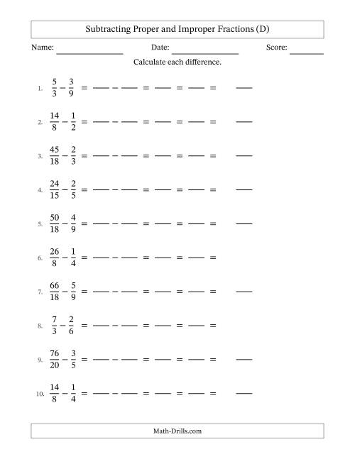 The Subtracting Proper and Improper Fractions with Similar Denominators, Mixed Fractions Results and All Simplifying (Fillable) (D) Math Worksheet