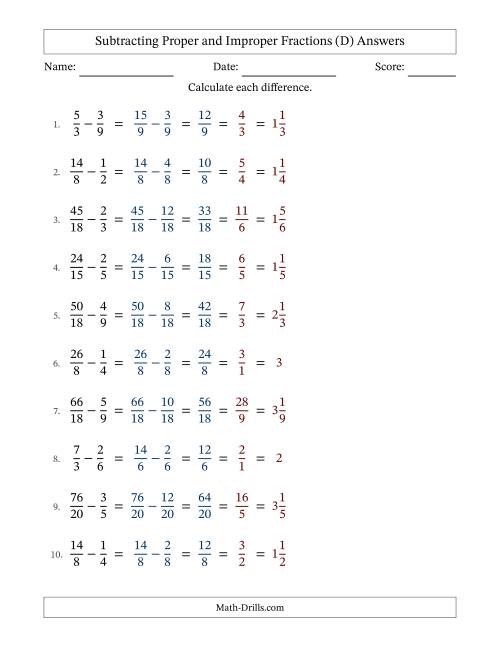 The Subtracting Proper and Improper Fractions with Similar Denominators, Mixed Fractions Results and All Simplifying (Fillable) (D) Math Worksheet Page 2