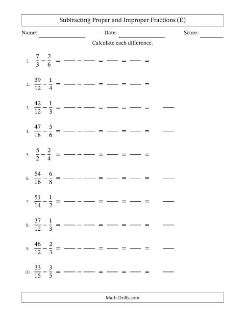 The Subtracting Proper and Improper Fractions with Similar Denominators, Mixed Fractions Results and All Simplifying (Fillable) (E) Math Worksheet