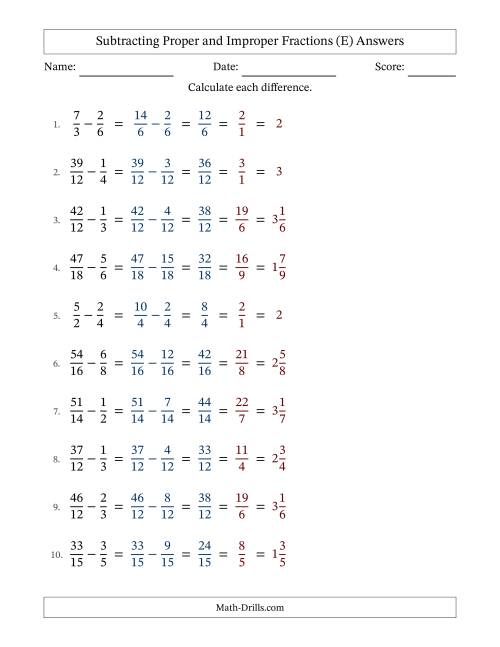 The Subtracting Proper and Improper Fractions with Similar Denominators, Mixed Fractions Results and All Simplifying (Fillable) (E) Math Worksheet Page 2