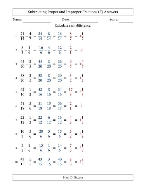 The Subtracting Proper and Improper Fractions with Similar Denominators, Mixed Fractions Results and All Simplifying (Fillable) (F) Math Worksheet Page 2