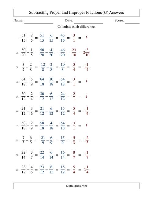 The Subtracting Proper and Improper Fractions with Similar Denominators, Mixed Fractions Results and All Simplifying (Fillable) (G) Math Worksheet Page 2