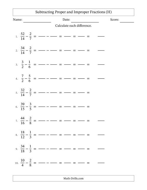 The Subtracting Proper and Improper Fractions with Similar Denominators, Mixed Fractions Results and All Simplifying (Fillable) (H) Math Worksheet