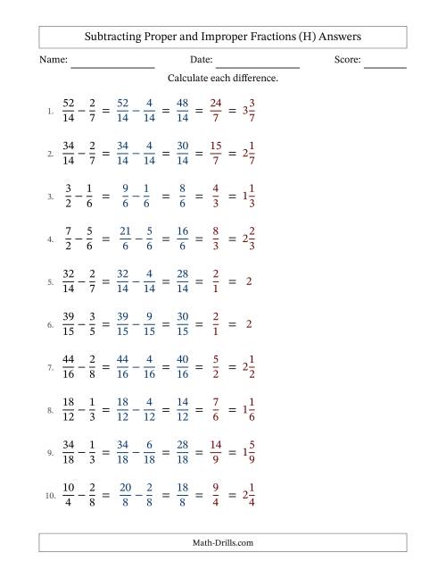 The Subtracting Proper and Improper Fractions with Similar Denominators, Mixed Fractions Results and All Simplifying (Fillable) (H) Math Worksheet Page 2