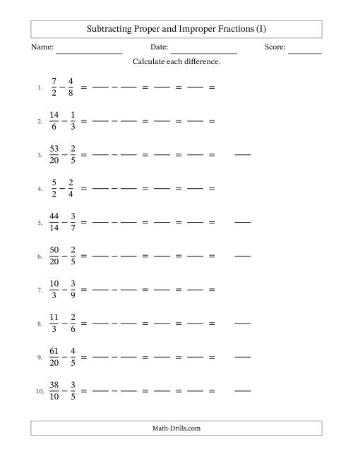 The Subtracting Proper and Improper Fractions with Similar Denominators, Mixed Fractions Results and All Simplifying (Fillable) (I) Math Worksheet