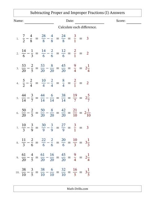 The Subtracting Proper and Improper Fractions with Similar Denominators, Mixed Fractions Results and All Simplifying (Fillable) (I) Math Worksheet Page 2