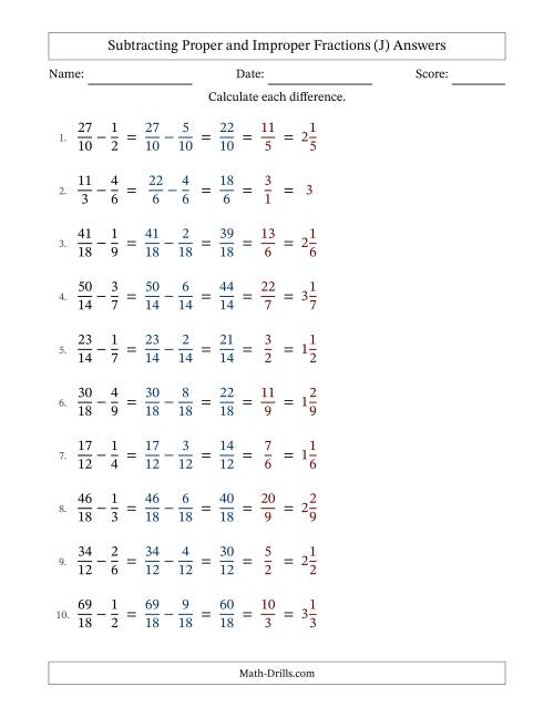 The Subtracting Proper and Improper Fractions with Similar Denominators, Mixed Fractions Results and All Simplifying (Fillable) (J) Math Worksheet Page 2