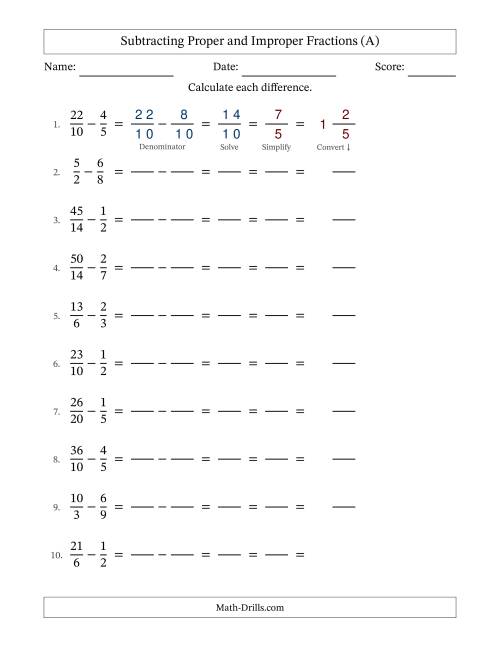 The Subtracting Proper and Improper Fractions with Similar Denominators, Mixed Fractions Results and All Simplifying (Fillable) (All) Math Worksheet
