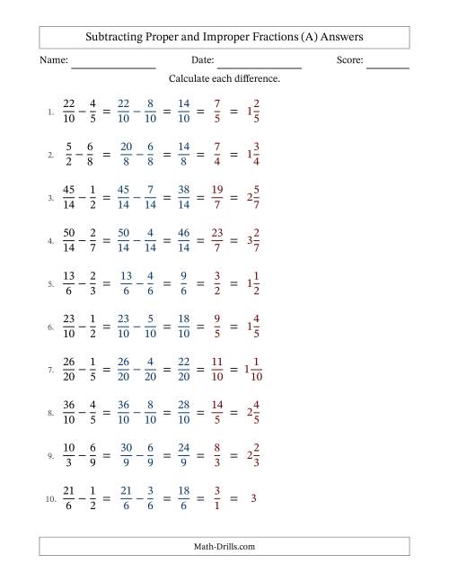 The Subtracting Proper and Improper Fractions with Similar Denominators, Mixed Fractions Results and All Simplifying (Fillable) (All) Math Worksheet Page 2