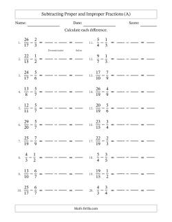 Subtracting Proper and Improper Fractions with Unlike Denominators, Proper Fractions Results and No Simplifying (Fillable)