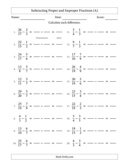 The Subtracting Proper and Improper Fractions with Unlike Denominators, Proper Fractions Results and No Simplifying (Fillable) (A) Math Worksheet