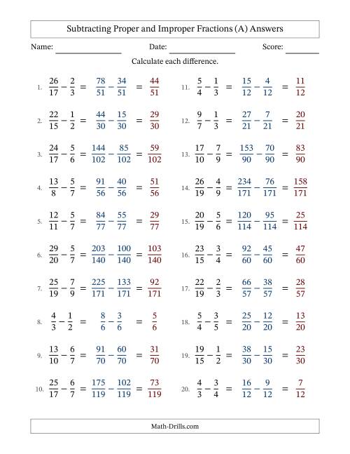 The Subtracting Proper and Improper Fractions with Unlike Denominators, Proper Fractions Results and No Simplifying (Fillable) (A) Math Worksheet Page 2