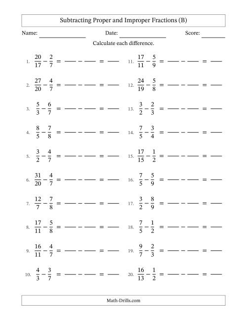 The Subtracting Proper and Improper Fractions with Unlike Denominators, Proper Fractions Results and No Simplifying (Fillable) (B) Math Worksheet