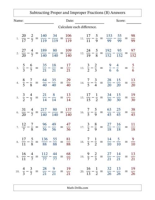 The Subtracting Proper and Improper Fractions with Unlike Denominators, Proper Fractions Results and No Simplifying (Fillable) (B) Math Worksheet Page 2