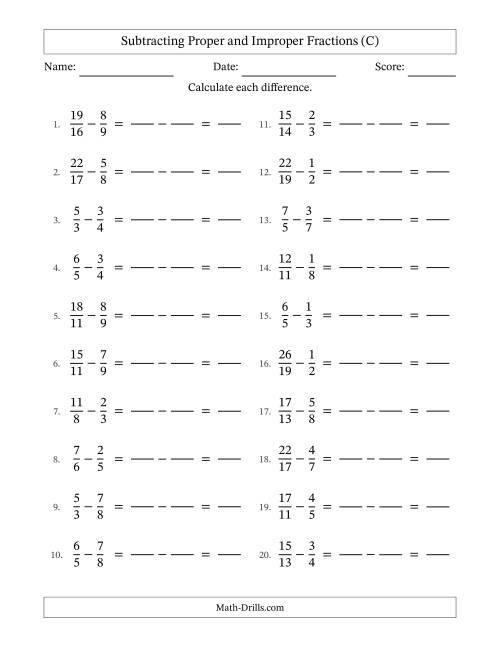 The Subtracting Proper and Improper Fractions with Unlike Denominators, Proper Fractions Results and No Simplifying (Fillable) (C) Math Worksheet