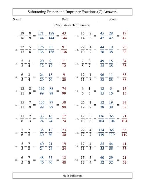The Subtracting Proper and Improper Fractions with Unlike Denominators, Proper Fractions Results and No Simplifying (Fillable) (C) Math Worksheet Page 2