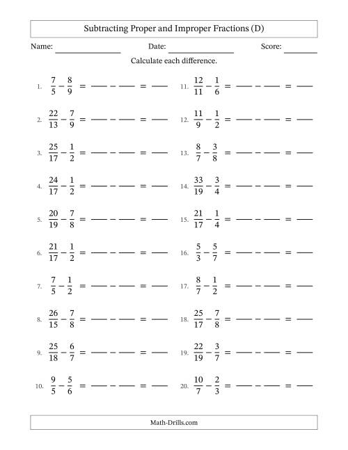 The Subtracting Proper and Improper Fractions with Unlike Denominators, Proper Fractions Results and No Simplifying (Fillable) (D) Math Worksheet