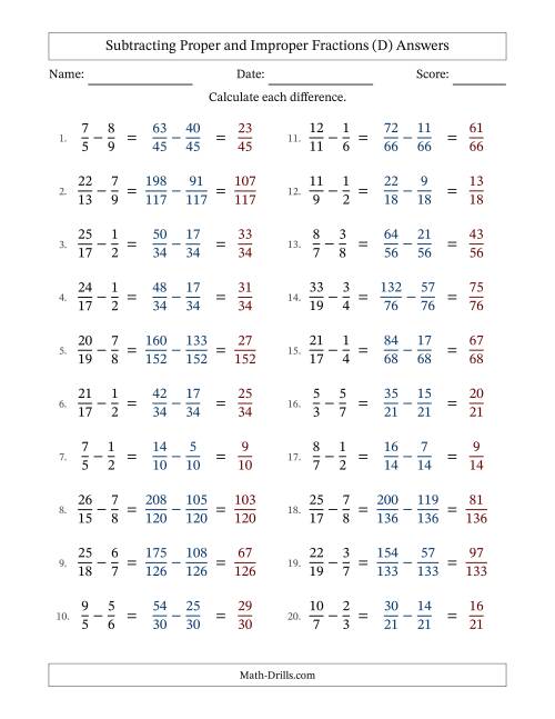 The Subtracting Proper and Improper Fractions with Unlike Denominators, Proper Fractions Results and No Simplifying (Fillable) (D) Math Worksheet Page 2