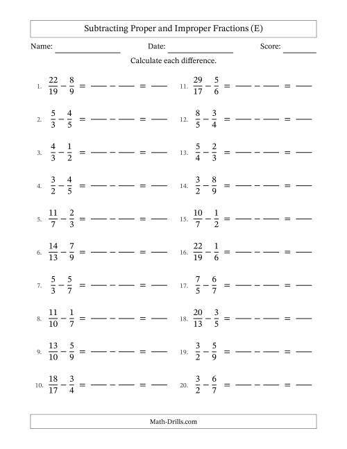 The Subtracting Proper and Improper Fractions with Unlike Denominators, Proper Fractions Results and No Simplifying (Fillable) (E) Math Worksheet