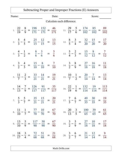 The Subtracting Proper and Improper Fractions with Unlike Denominators, Proper Fractions Results and No Simplifying (Fillable) (E) Math Worksheet Page 2