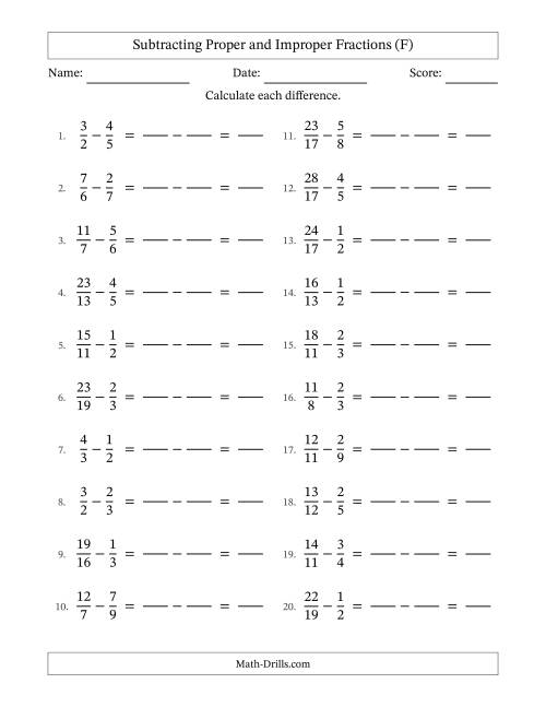 The Subtracting Proper and Improper Fractions with Unlike Denominators, Proper Fractions Results and No Simplifying (Fillable) (F) Math Worksheet