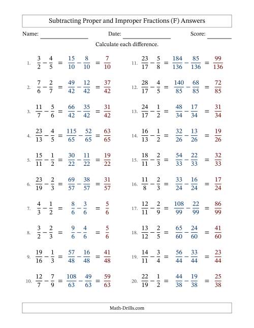 The Subtracting Proper and Improper Fractions with Unlike Denominators, Proper Fractions Results and No Simplifying (Fillable) (F) Math Worksheet Page 2