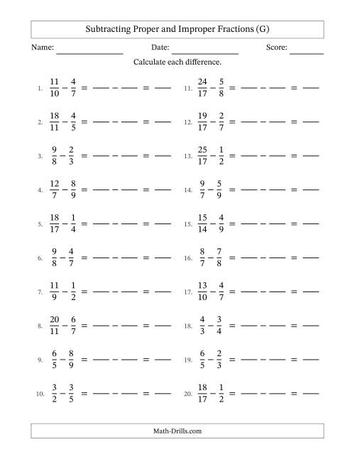 The Subtracting Proper and Improper Fractions with Unlike Denominators, Proper Fractions Results and No Simplifying (Fillable) (G) Math Worksheet